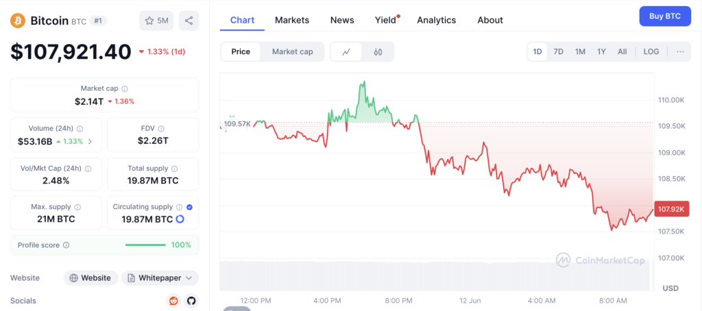 نمودار قیمت و اطلاعات بازار بیت کوین - منبع: CoinMarketCap